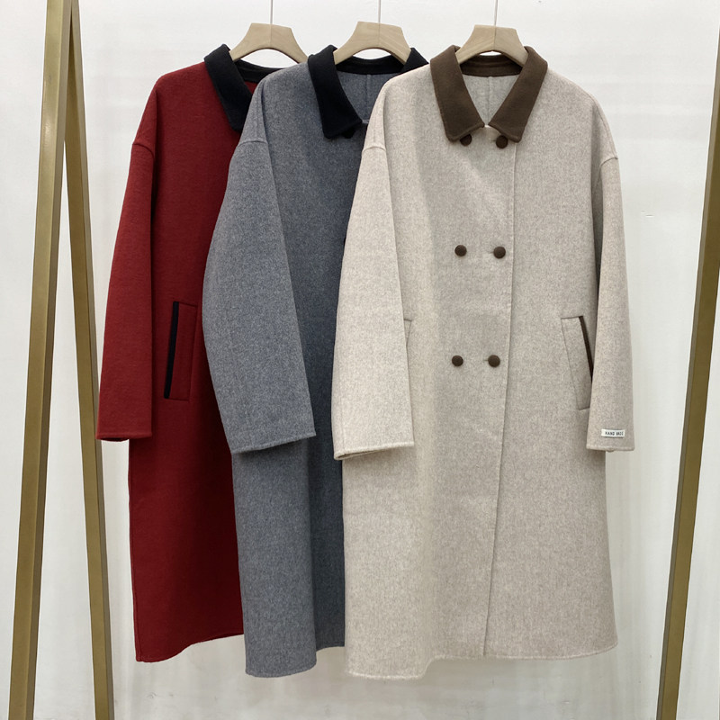 韩版双面羊绒大衣女中长款2025年新款撞色翻领双排扣羊毛呢子外套,女装/女士精品,毛呢外套,淘宝优惠券,粉丝福利购,淘宝优惠卷