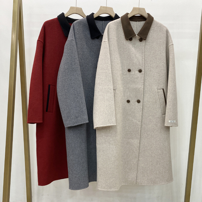 100%羊毛双面羊绒撞色翻领中长款