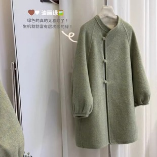 小个子双面羊绒大衣女中长款圆领灯笼袖羊毛呢子外套2025秋冬新款