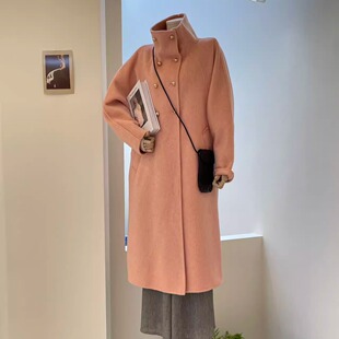 粉色双面羊绒大衣女中长款立领双排扣羊毛呢子外套宽松25秋冬新款