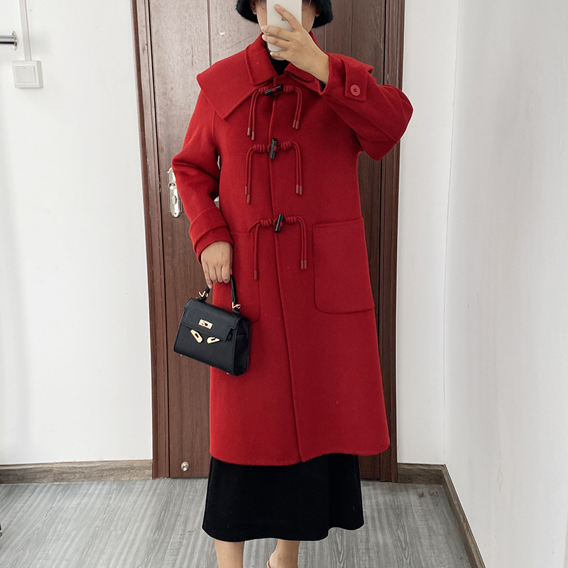 红色牛角扣双面羊绒大衣女双娃娃大翻领羊毛呢子外套中长款秋冬装
