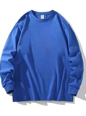 蓝色重磅长袖T恤男女纯棉厚实宽松纯色春秋卫衣圆领内搭打底衫