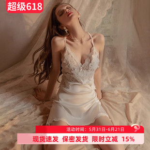 性感睡衣女夏季冰丝薄款带胸垫小胸聚拢纯欲风蕾丝吊带睡裙家居服