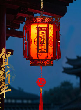 新年木质灯笼LED发光旋转宫灯大门阳台装饰灯笼春节氛围走马灯