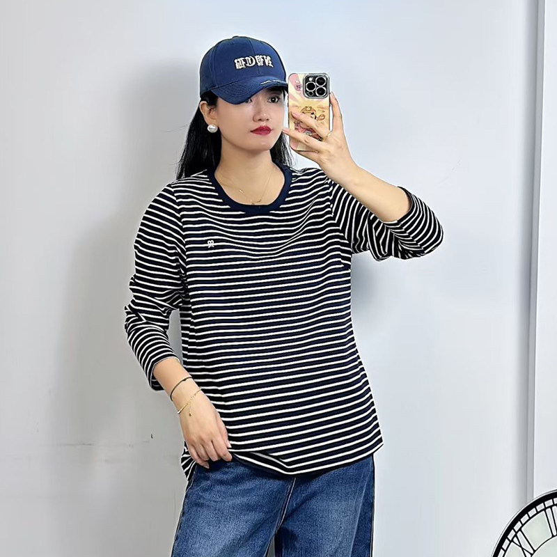 米莱奇春季新款圆领条纹T恤女卫衣修身大码女装长袖打底衫5880