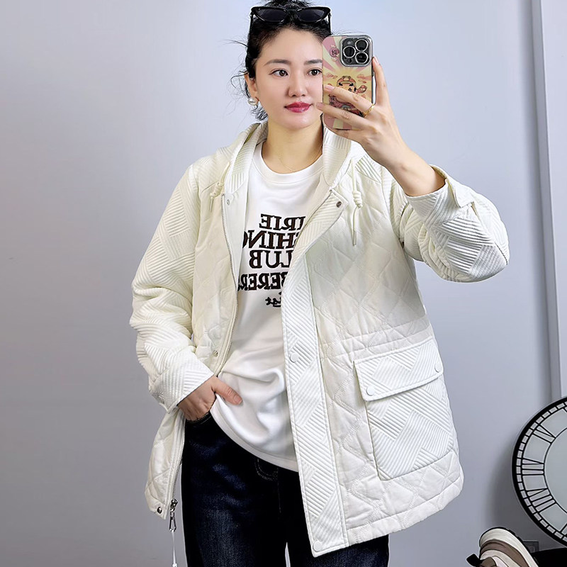 米莱奇2025冬新款格纹拼接薄棉衣女宽松大码连帽百搭棉服外套5903