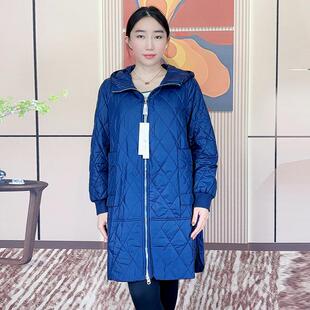 棉服中长款 冬季 菱格连帽外套22117 棉衣女2024新款 天娇一生水大码