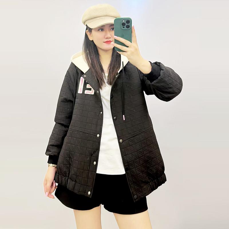 米莱奇冬季拼色百搭连帽棉衣休闲宽松大码女装格纹棉服外套23801