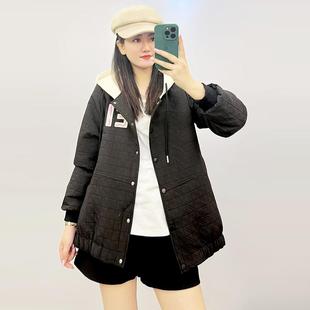 女裝 格紋棉服外套23801 拼色百搭連帽棉衣休閑寬松大碼 米萊奇冬季