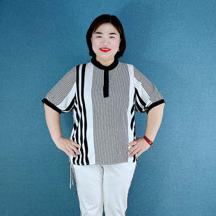 金影奇2023夏新款轻薄短袖黑白条上衣大码雪纺衫竖条纹百搭T恤女