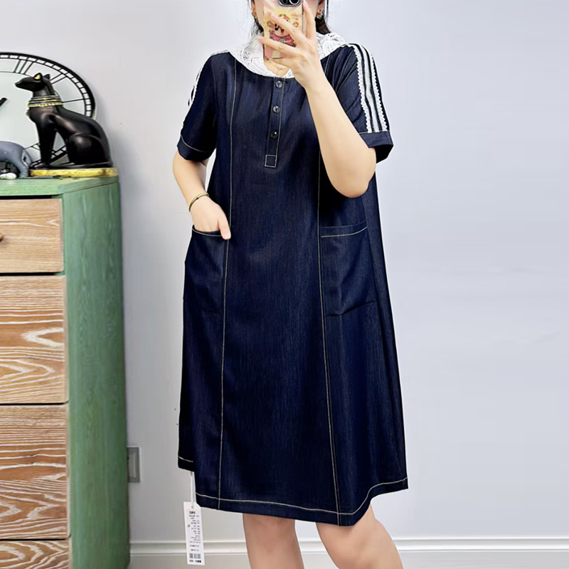 大码女装夏季蕾丝连帽牛仔连衣裙
