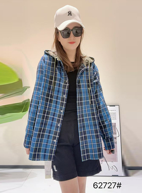 金影奇2025新款格子连帽外套女宽松大码女装中长款百搭衬衫62727