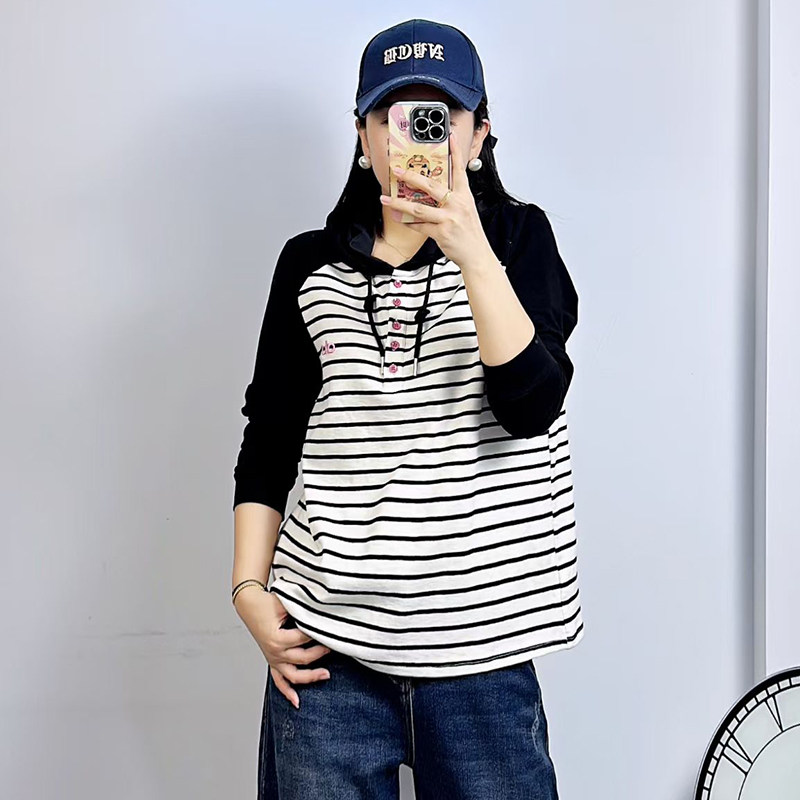 米莱奇2025秋季条纹打底衫女胖mm新款大码长袖连帽百搭卫衣女5857