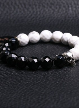 2026帝师佛珠店黑白色手链骷髅头复古情侣手串黑玛瑙表面兄弟