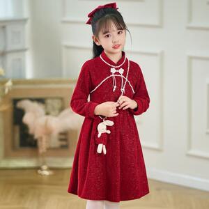 儿童中式小女孩花童礼服加绒拜年服旗袍连衣裙冬季学生合唱演出服