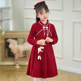 儿童中式小女孩花童礼服加绒拜年服旗袍连衣裙冬季学生合唱演出服