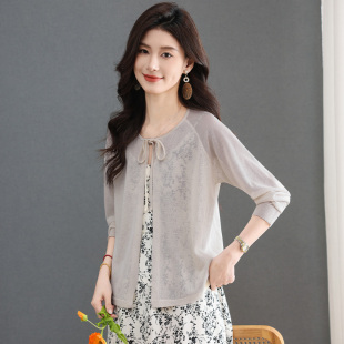 女士薄款 简约系带外套配裙子圆领针织开衫 短外搭防晒披肩 新款 夏季