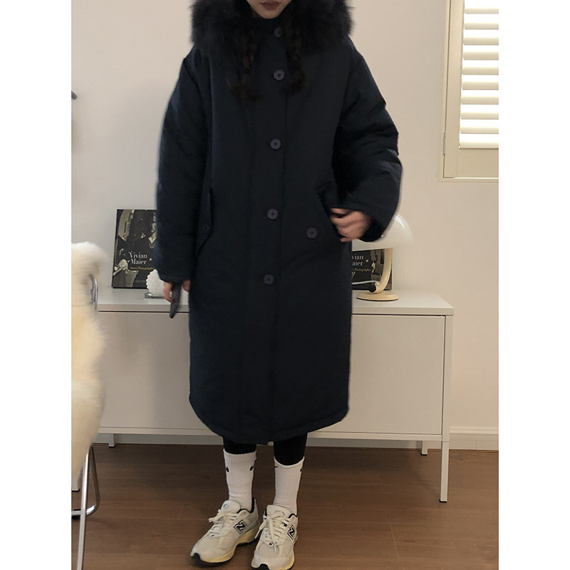 休闲百搭藏青毛领棉服