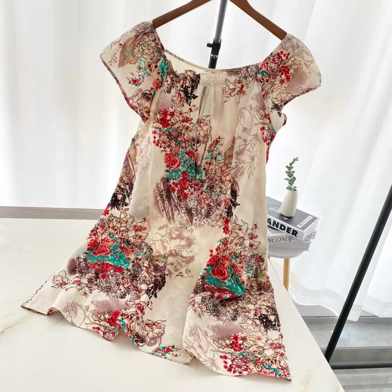 碎花娃娃裙女士真丝素绉缎夏季印花睡裙桑蚕丝丝绸家居裙短袖中裙