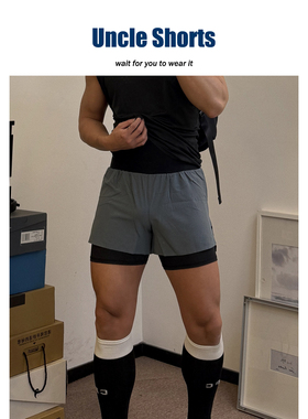 Uncle Shorts假两件运动裤男士速干双层健身裤户外跑步三分短裤衩
