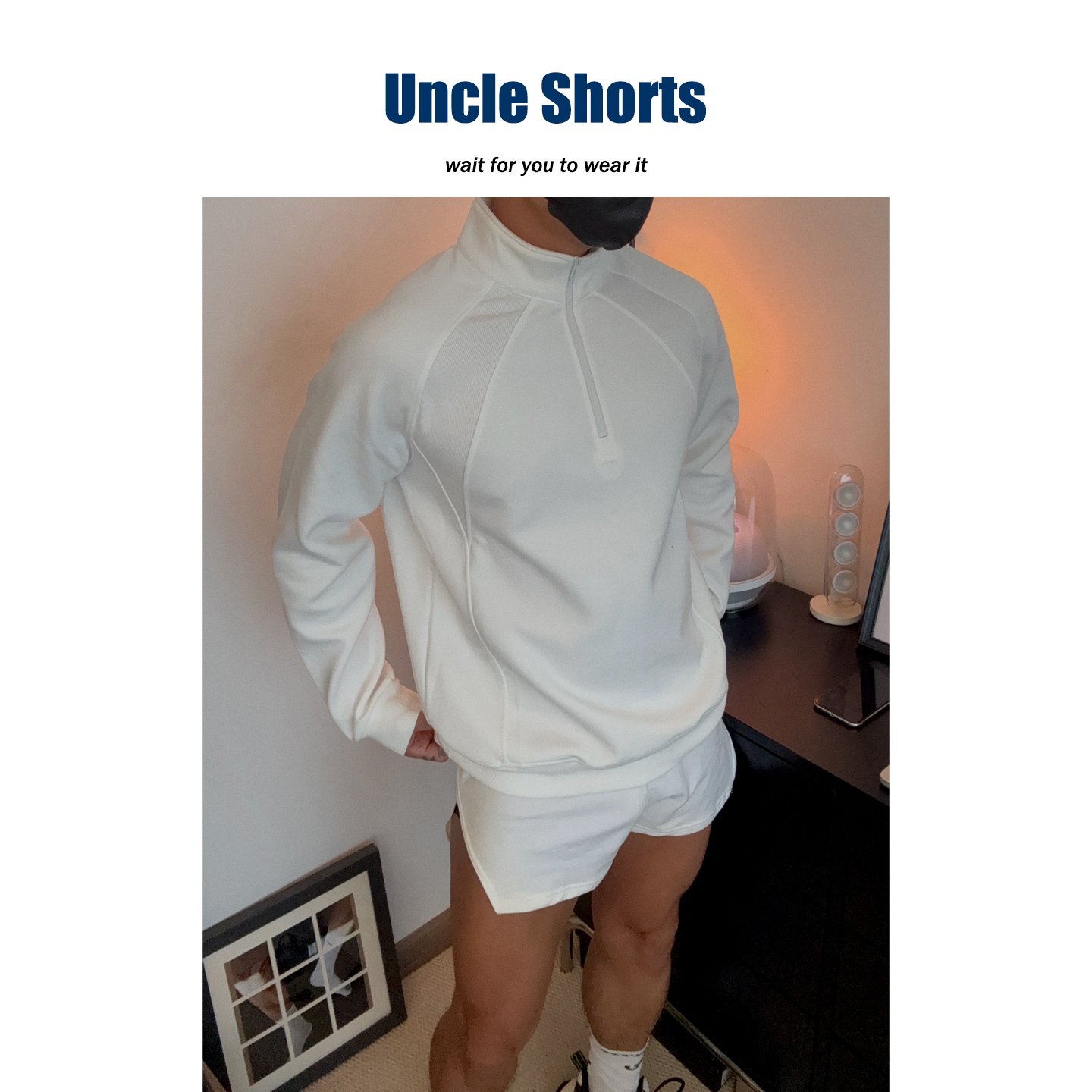 Cleanfit极简百搭白色半拉链卫衣