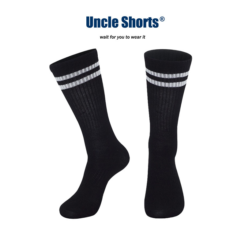 Uncle Shorts黑色袜子男女百搭双杠条纹健身运动袜高筒长筒袜薄款