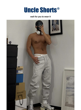 Uncle Shorts灰色加绒卫裤男士美式复古休闲简约百搭加厚束脚长裤