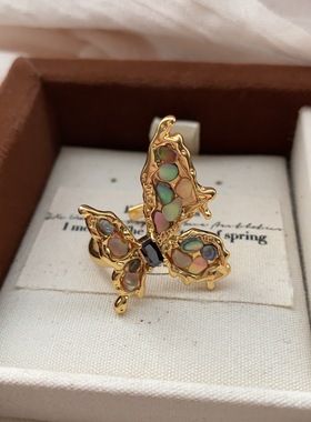 美拉德绿系列轻度风情馆浪漫天然贝壳蝴蝶戒指女 镶嵌指环