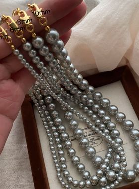 施家银灰色正圆珍珠毛衣链2025年新款潮项链女小众设计款锁骨颈链