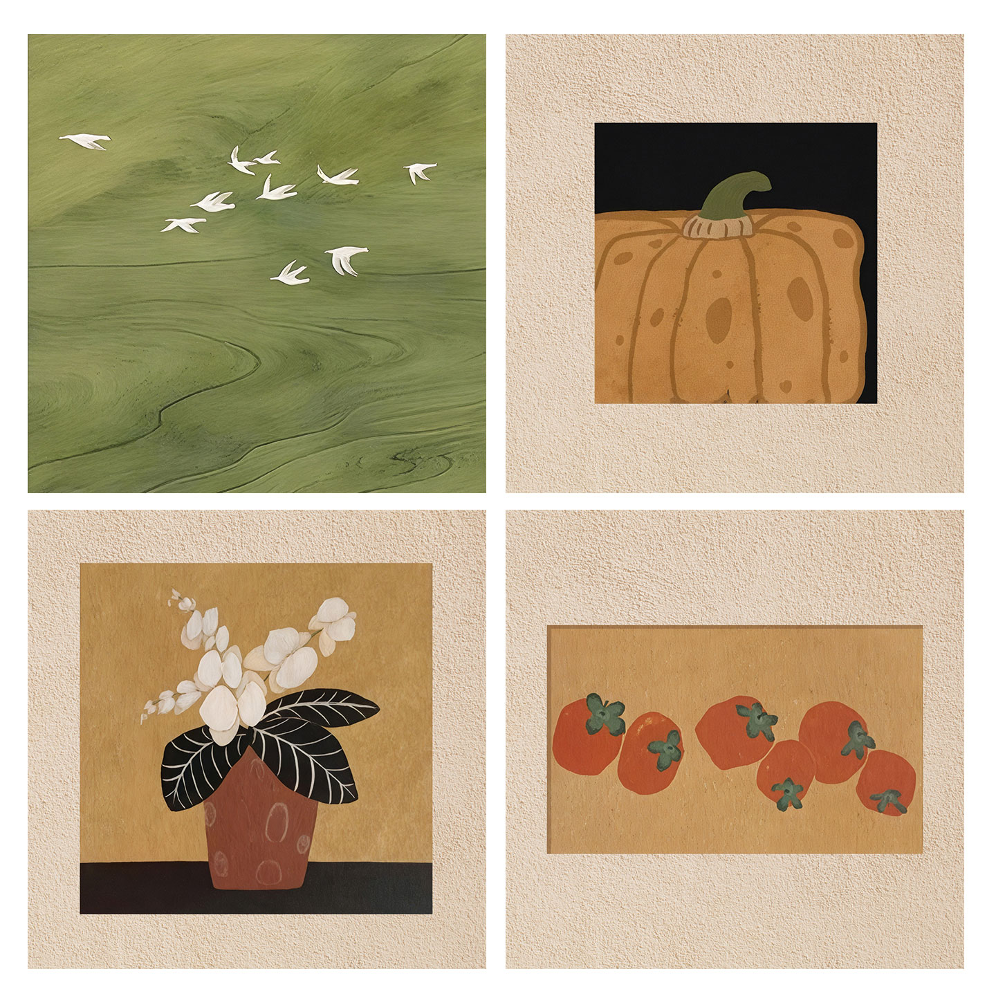 法式中古风柿柿如意飞鸟南瓜绿色系复古装饰画贴画画芯自粘海报图片