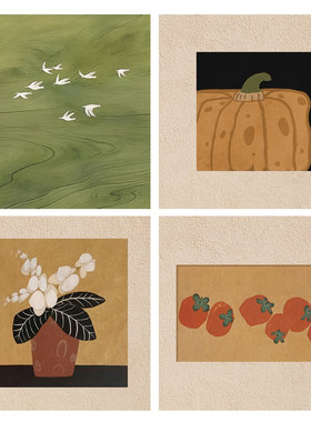 法式中古风柿柿如意飞鸟南瓜绿色系复古装饰画贴画画芯自粘海报