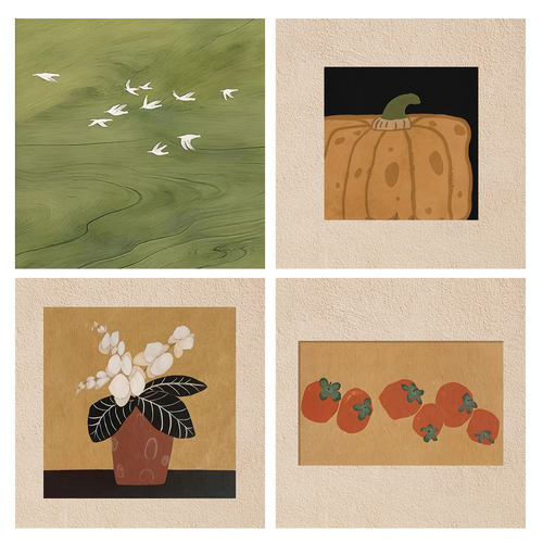 法式中古风柿柿如意飞鸟南瓜绿色系复古装饰画贴画画芯自粘海报