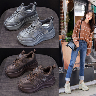 炸街阿甘运动鞋 百搭水钻厚底老爹棉鞋 女秋冬新款 加绒内增高休闲鞋