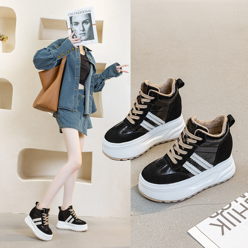 真皮内增高爆款小白鞋女秋冬新款高跟运动休闲板鞋加绒厚底高帮鞋