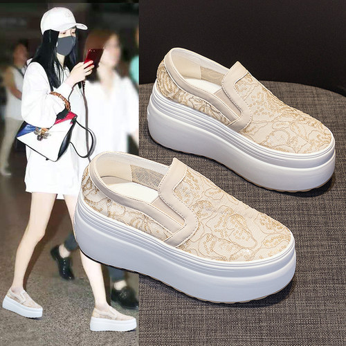 厚底松糕乐福鞋蕾丝镂空网纱增高