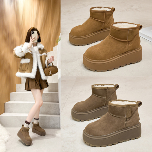 真皮厚底勃肯雪地靴女冬新款防滑松糕面包靴短靴加绒加厚保暖棉鞋