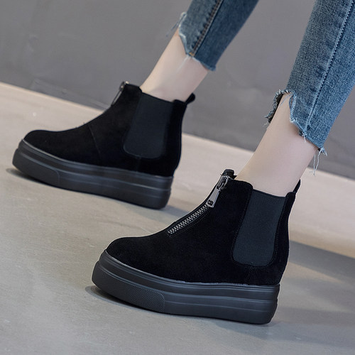 磨砂真皮内增高短靴小码松糕单靴