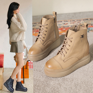 真皮厚底内增高马丁靴女秋冬新款网红百搭休闲高帮英伦风加绒短靴