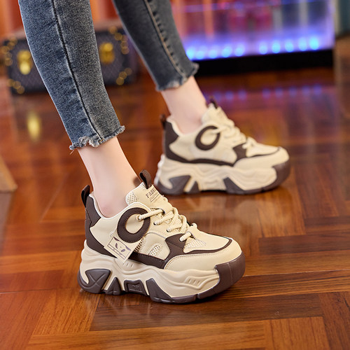 真皮爆款内增高老爹鞋女8cm春新款白色松糕厚底运动熊猫休闲单鞋