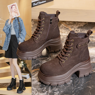 真皮厚底马丁靴女秋冬新款 8cm加绒保暖侧拉链显瘦小个子高跟短靴