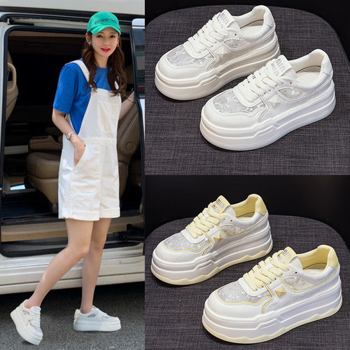 蕾丝厚底小白鞋亮片网纱板鞋网鞋