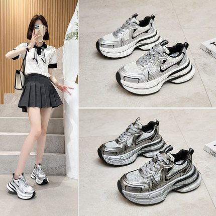 真皮超火厚底老爹鞋女夏新款百搭增高7cm网面透气松糕运动休闲鞋