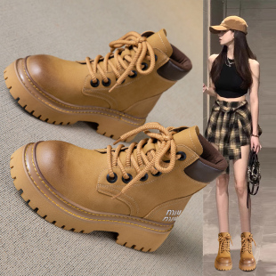 真皮厚底大黄靴女鞋 百搭炸街英伦风黄色机车短靴平底马丁靴 秋新款