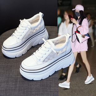 真皮网纱透气内增高小白鞋女夏新款网红厚底运动鞋懒人松糕休闲鞋