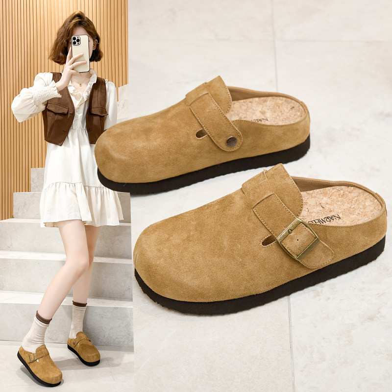 真皮厚底勃肯鞋女2026春夏新款一脚蹬轻便百搭外穿包头懒人半拖鞋