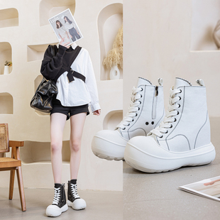 真皮内增高帆布鞋女13cm2025春新款大头马丁靴厚底休闲短靴高帮鞋