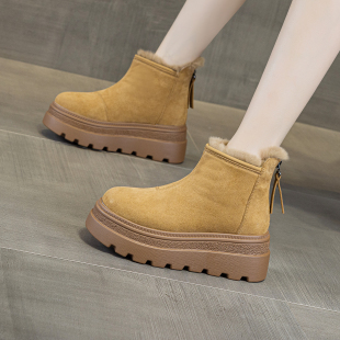 真皮厚底雪地靴女2025冬新款 增高百搭松糕棉加绒保暖防滑马丁短靴