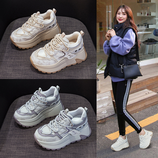 炸街保暖运动棉鞋 秋冬新款 女厚底百搭内增高老爹鞋 真皮加绒休闲鞋