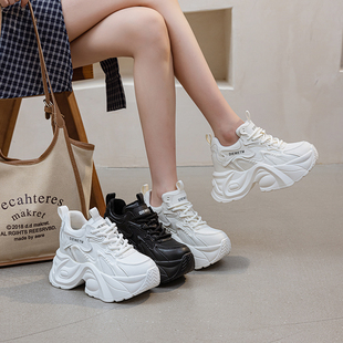 真皮厚底内增高老爹鞋女10cm超高跟秋新款百搭松糕运动休闲小白鞋