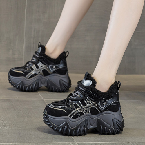 真皮内增高休闲鞋加绒松糕老爹鞋